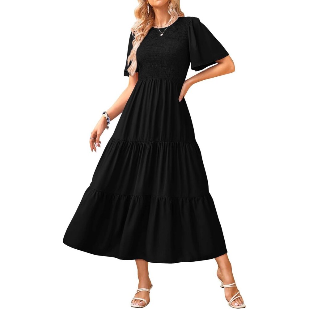 Women's Flowy Midi Dress Viscose Short Sleeve Smocked Tiered Casual Wear